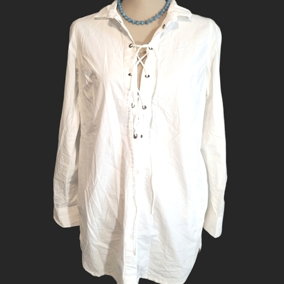 Dreamers White Laced Up Collared Long Sleeves  Dress. S - Picture 3 of 16